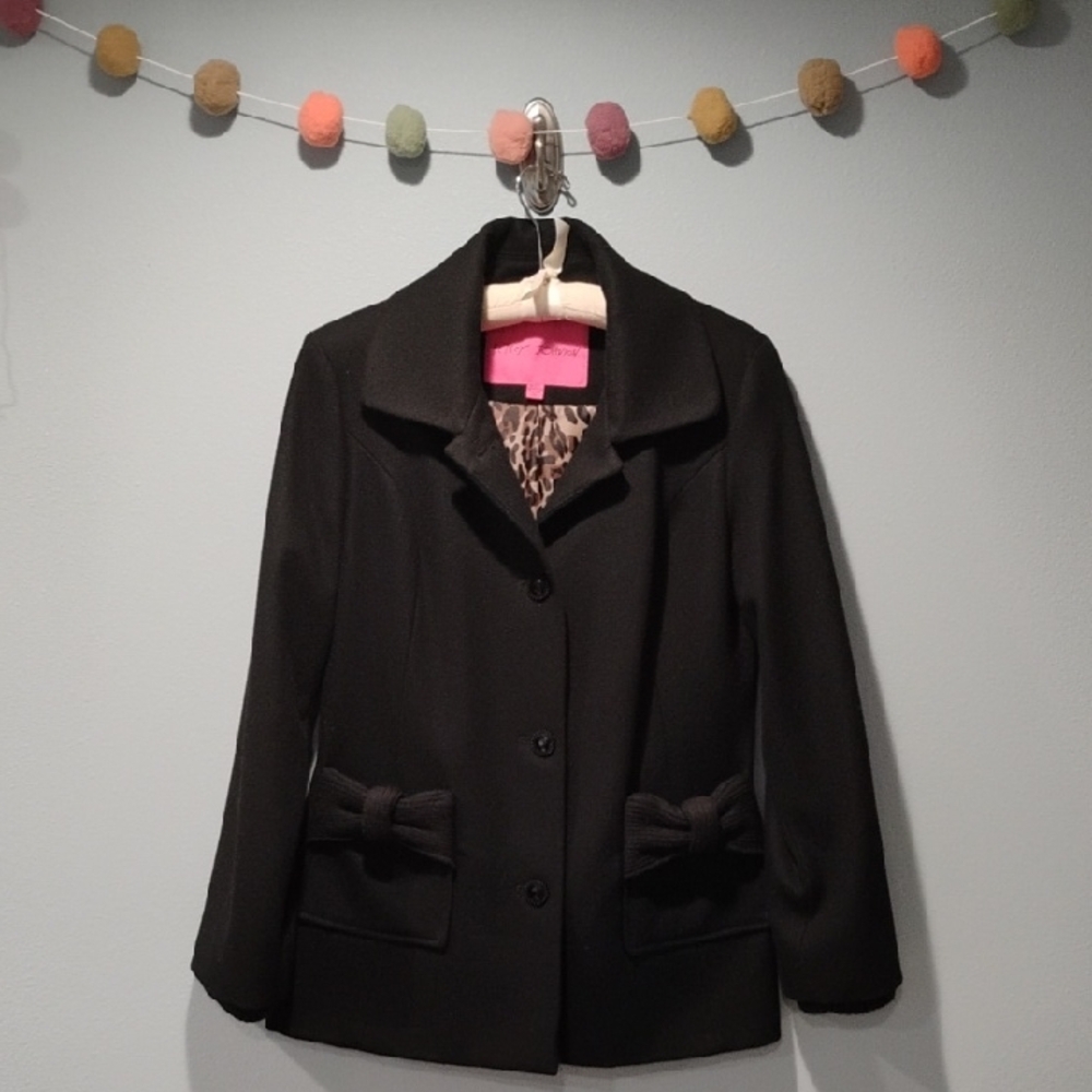 Betsey Johnson Black Bow Pocket Blazer with Leopard Lining